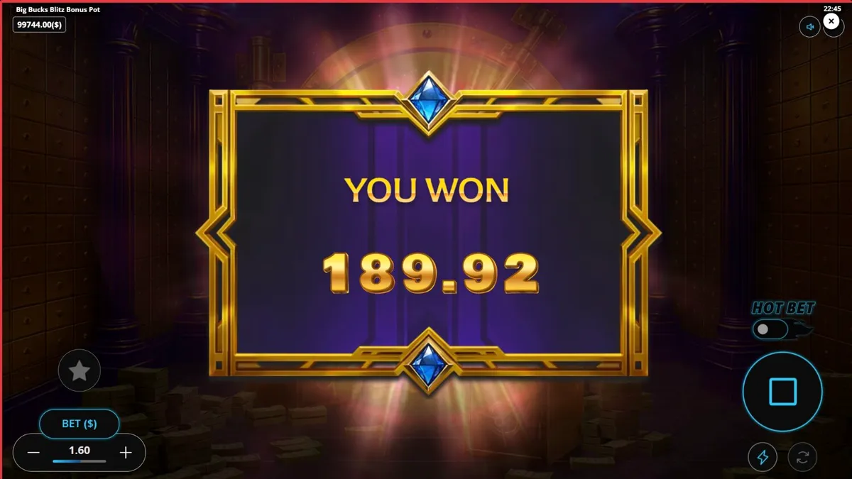 Tampilan visual mewah dari slot Big Bucks Blitz Bonus Pot dengan tema brankas bank dan tumpukan emas.